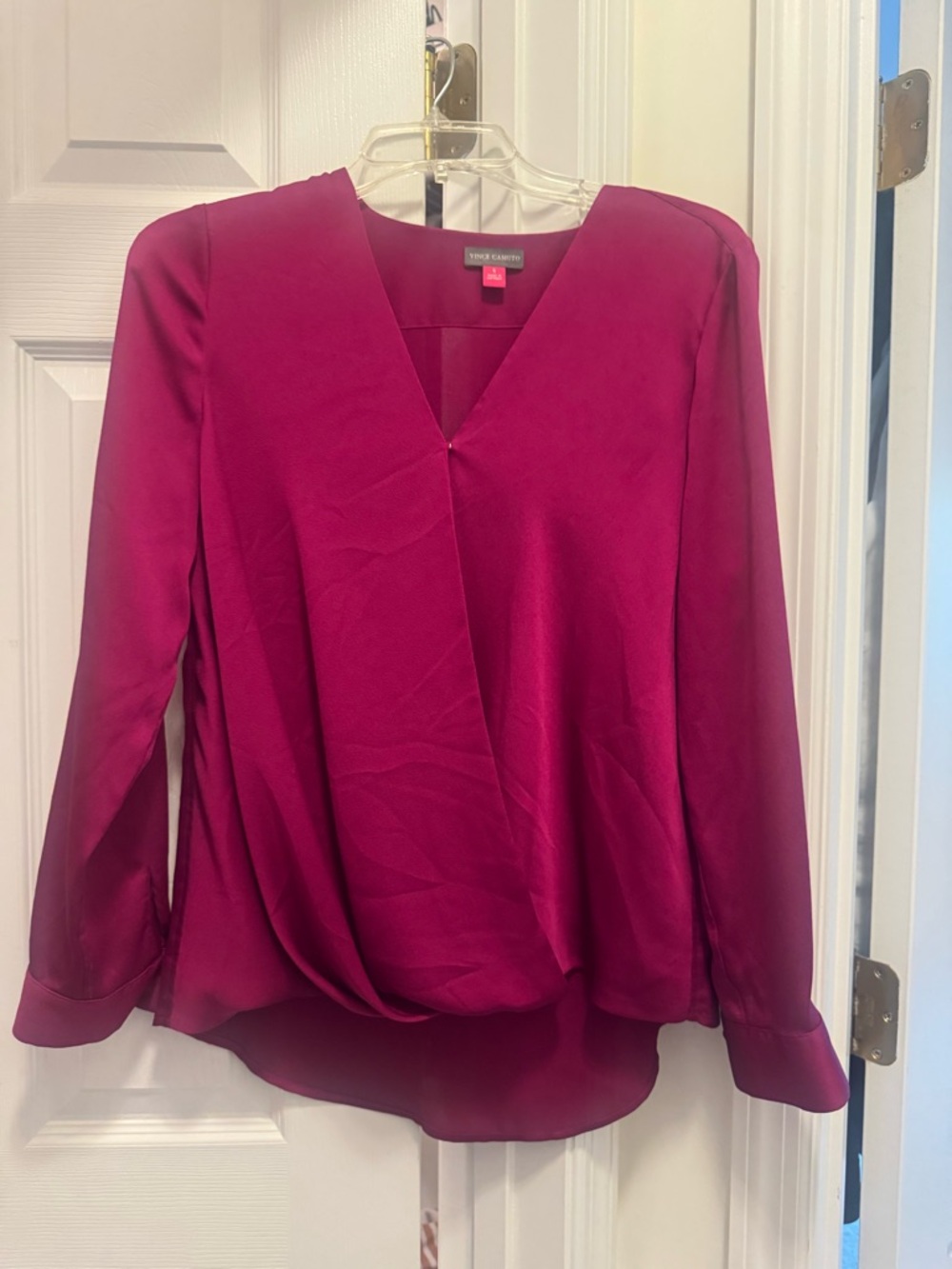 Vince Camuto Fuchsia Draped V-Neck Long Sleeve Blouse